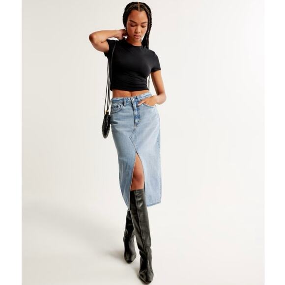 Abercrombie & Fitch High Rise Denim Midi Skirt Blue Button Front Size 27/4 - Picture 1 of 8